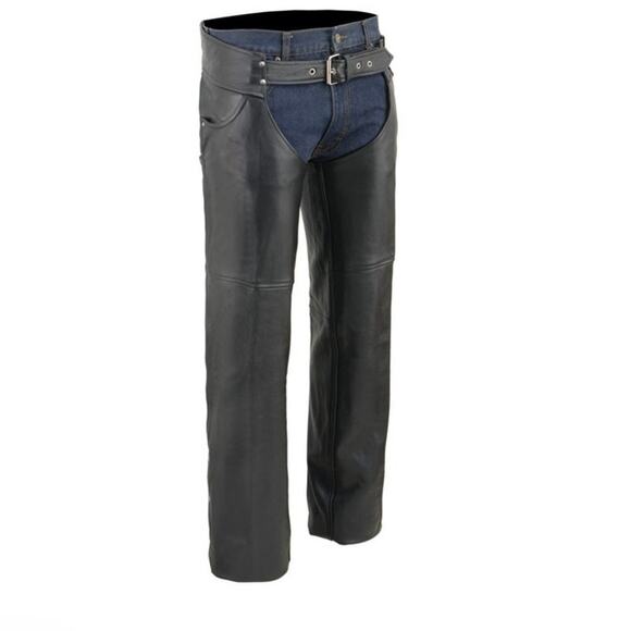 NWT Event Leather EL1101 Men's Classic Black Leather Chaps with Jean Pockets - Picture 1 of 12